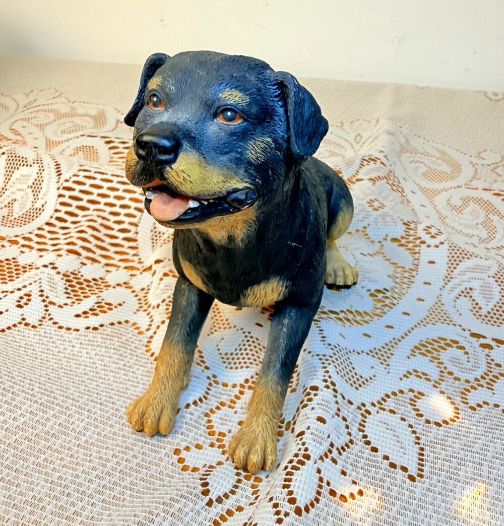 Black & Tan Rottweiler Resin Dog Figurine Lying Down Tongue Out